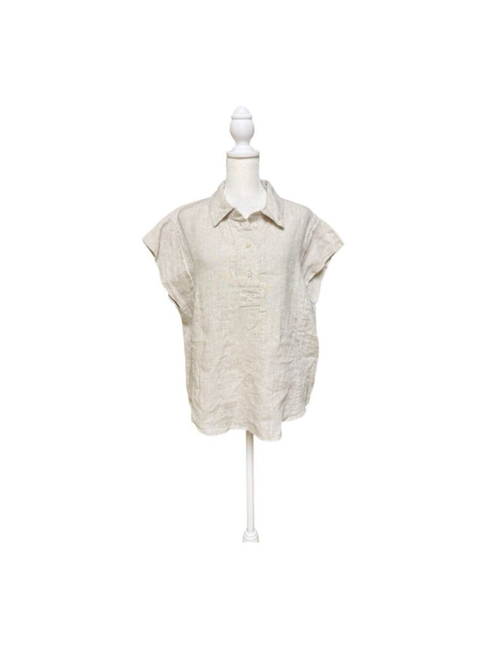Chico’s 100% Linen Beige Collared Top Size 2 Short Sleeve Blouse